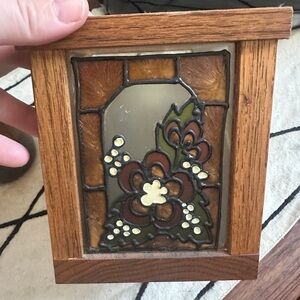 Vintage Stained Glass Floral Wood Frame Panel - Brown, Cream, Green